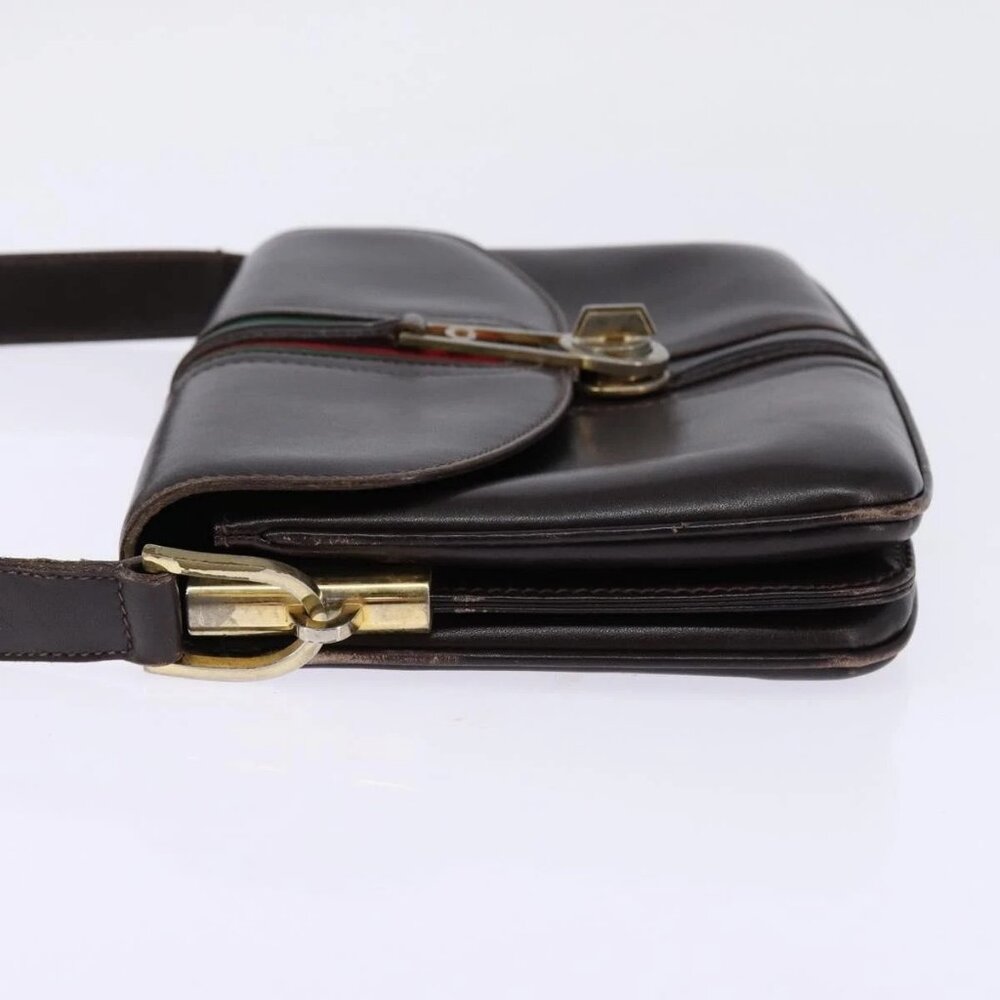 GUCCI Web Sherry Line Shoulder Bag Leather Dark Brown Gold Red Auth ep11429 - Picture 6 of 16